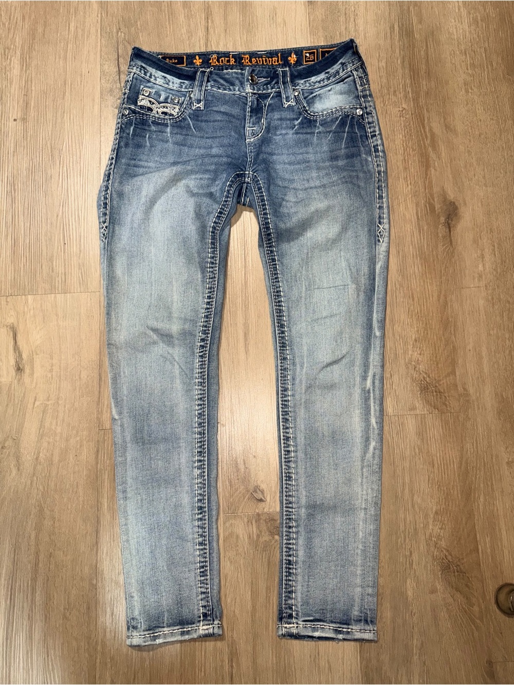 Rock Revival Women's Light Blue Skinny Jeans with Embroidered Waistband